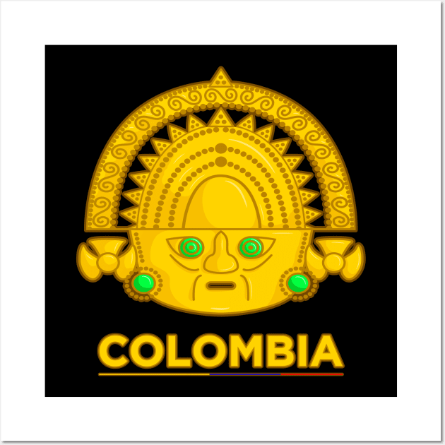 Ancient colombian indigenous god golden representation with green emerald Wall Art by Drumsartco